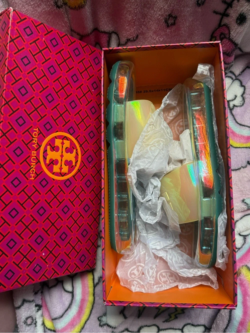 Tory Burch Iridescent Peach Slide Sandals with Teal Footbed